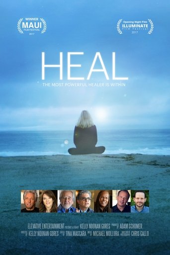 The poster features a serene beach scene with a solitary figure meditating, bathed in soft blue tones that evoke peace and tranquility. Above, the title "HEAL" is prominently displayed in bold white letters, while smaller text hints at the film's emotional depth. Below, a lineup of diverse cast m...