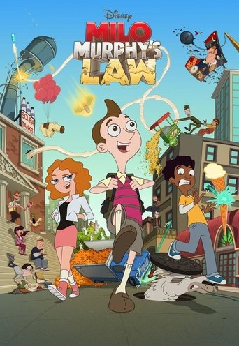 The vibrant poster features a chaotic city scene with a central boy in a pink shirt and brown shorts, surrounded by colorful, animated characters in various poses. Bright blues, yellows, and reds dominate the palette, creating a lively and energetic atmosphere. The mood is one of playful chaos, c...
