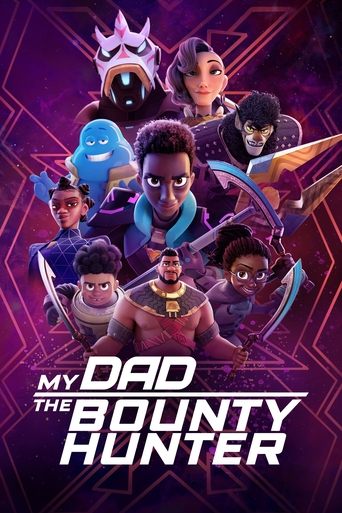 The poster features a group of animated characters in vibrant, dynamic poses against a dark purple background with glowing geometric patterns. The central figure, a muscular man with a crown, exudes strength and authority, while others around him display diverse expressions and actions suggesting...