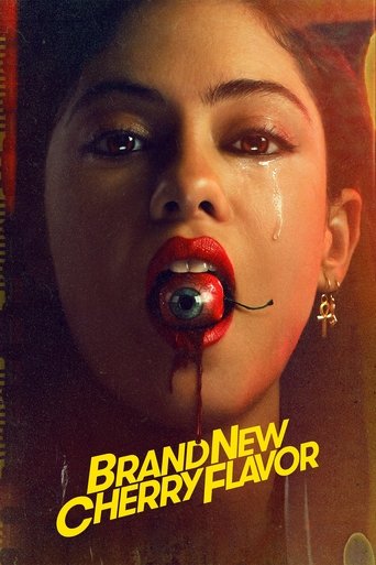 The poster features a woman with dramatic makeup and tears, her mouth filled with a cherry-shaped object. The bold yellow text announces the show's unique cherry flavor. The intense expression and vibrant colors create a mysterious and intriguing atmosphere.