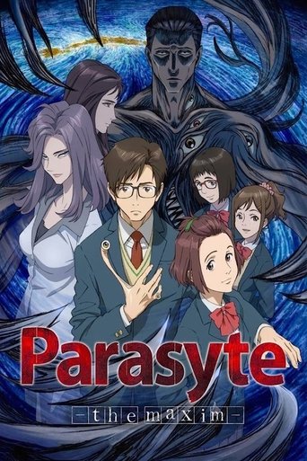 The poster features a group of anime characters in a dramatic, dark blue-toned setting. The central figure, a man in a suit, is surrounded by others in various poses, creating a sense of mystery and intrigue. The title "Parasyte" is prominently displayed in bold red letters, with the subtitle "th...