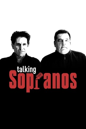 The poster features two men in black against a stark white background, creating a dramatic and intense atmosphere. The title "Talking Sopranos" is prominently displayed in bold red letters, emphasizing the show's comedic and dramatic elements. The overall design conveys a sense of mystery and hum...