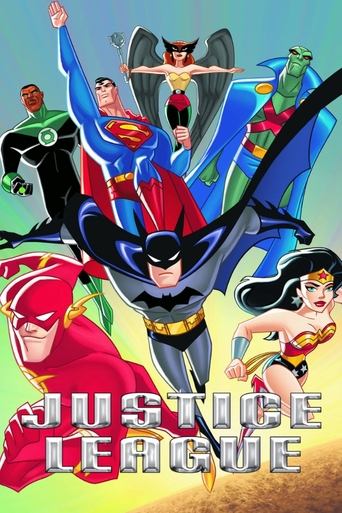 This vibrant poster showcases the Justice League in dynamic poses against a colorful, energetic background. The characters are depicted with bold colors and expressive poses, conveying a sense of action and unity. The title "JUSTICE LEAGUE" is prominently displayed in bold, metallic letters, emph...