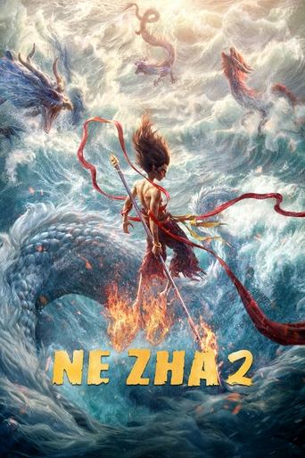 A young warrior stands defiantly against a swirling ocean, wielding a staff amidst flames and dragons. The vibrant colors of red, blue, and gold create a dynamic and intense atmosphere. The poster conveys a sense of epic adventure and mythical power.