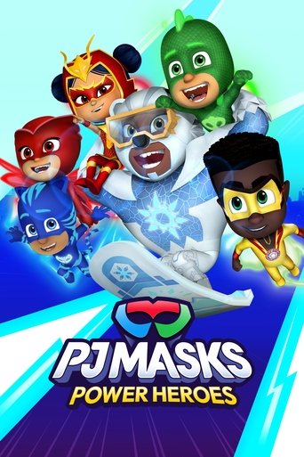 The PJ Masks' colorful team of superheroes—red, blue, green, and yellow—climbs a glowing ice mountain against a dynamic blue background. Their confident expressions and heroic poses convey a sense of adventure and teamwork, perfectly capturing the show's playful yet adventurous spirit.