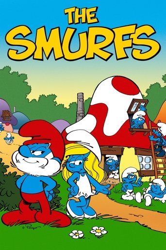 The vibrant poster features the iconic blue Smurfs in their classic red hats and blue outfits, standing proudly against a cheerful backdrop of green grass and colorful mushrooms. The warm yellow title "The Smurfs" dominates the top, evoking a playful and nostalgic atmosphere that captures the whi...
