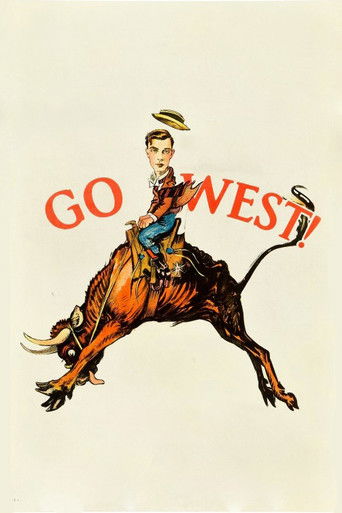A cowboy rides a fierce bull, with the title "Go West" in bold red letters. The scene captures a classic Western atmosphere with vibrant colors and a sense of adventure.
