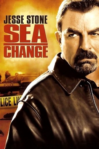 The poster features a rugged, intense man with a serious expression, wearing a leather jacket against a fiery orange background. The bold red title "SEA CHANGE" dominates the center, evoking a sense of action and drama. The overall mood is one of suspense and determination, capturing the essence ...