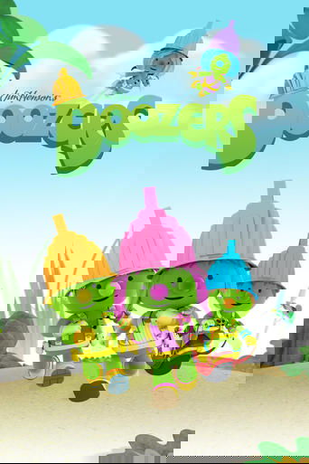 The Doozers, colorful green characters with playful hats, stand joyfully against a bright blue sky. Their cheerful expressions and vibrant outfits evoke a lively, friendly mood.
