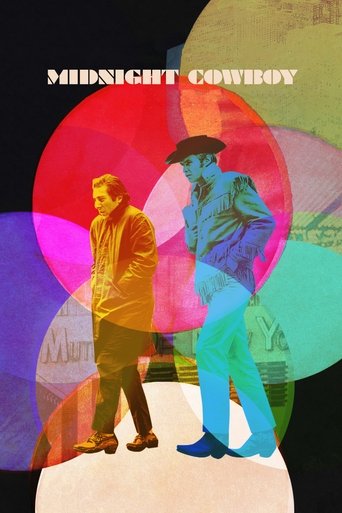 The poster features two silhouetted figures against a vibrant, abstract background of swirling colors. The man on the left wears a yellow jacket and looks thoughtful, while the man on the right dons a hat and blue shirt, exuding a mysterious charm. The overall mood is nostalgic and cinematic, evo...