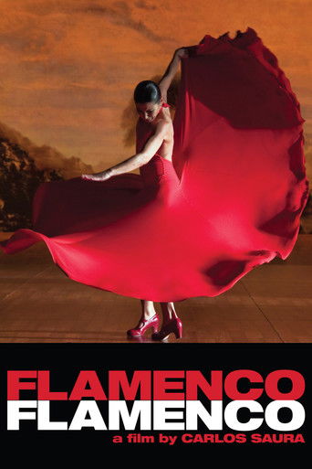 A woman in a flowing red dress dances against a sunset, evoking passion and emotion. The poster captures the vibrant colors and dynamic movement of flamenco, promising an authentic and visually stunning experience.