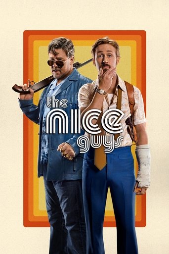 The poster features two men in stylish, retro clothing against a vibrant orange and yellow background. The man on the left wears a blue jacket and holds a microphone, while the man on the right sports a white shirt and blue pants with a bandaged hand. The bold "Nice Guys" logo dominates the cente...