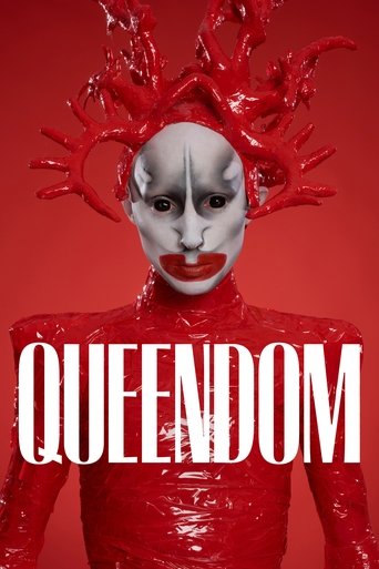 The poster features a striking figure in a glossy red outfit, adorned with a dramatic crown of red spikes. The stark white face contrasts sharply against the vibrant red background, creating a bold and intense visual. The word "QUEENDOM" is prominently displayed in white, emphasizing the film's t...