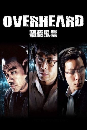The poster features three men in dimly lit, moody settings against a dark background. The title "OVERHEARD" is prominently displayed in bold white letters, with Chinese characters below it. The overall mood is suspenseful and mysterious, hinting at a thriller or crime drama.