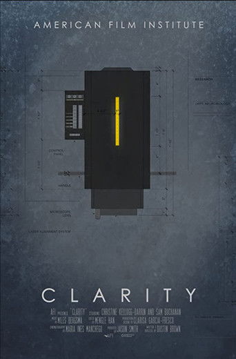 The poster features a minimalist design with a dark, textured background and a central black rectangular shape. The title "CLARITY" is prominently displayed in bold, white letters at the bottom. The overall mood is mysterious and cinematic, evoking a sense of intrigue and suspense.