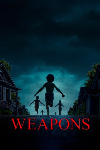 The poster features silhouettes of three children running down a dark street at night, with a menacing, ominous sky above. The title "WEAPONS" is prominently displayed in bold red letters at the bottom, evoking a sense of danger and suspense.