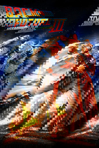 The poster features three characters in period costumes, with one holding a time machine. The scene is set against a starry background with a fiery explosion at the bottom. The colors are vibrant, with warm tones of orange and red contrasting with cool blues and purples. The mood is adventurous a...