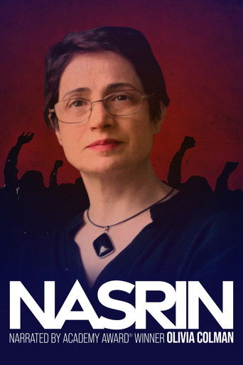 The poster features a woman with glasses and a necklace against a dark, moody background with silhouettes of people in the distance. The title "Nasrin" is prominently displayed in bold white letters, and the text below credits the film as narrated by Academy Award winner Olivia Colman. The overal...