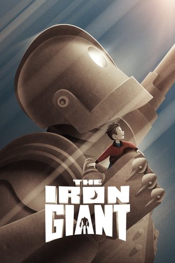 The poster features a giant humanoid figure in a metallic, rust-colored suit, with a small human figure perched on its shoulder. The warm, golden lighting casts a dramatic mood, emphasizing the contrast between the mechanical giant and the fragile human. The bold, white title "The Iron Giant" anc...
