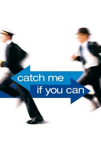 The poster features two blurred figures running in opposite directions against a stark white background. A blue arrow graphic with the movie title "Catch Me If You Can" overlays the scene, emphasizing speed and urgency. The dynamic motion and bold colors convey a sense of action and competition.