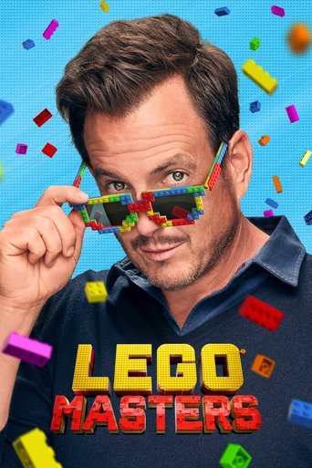 The poster features a man with a playful, slightly mischievous expression, holding a colorful LEGO structure over his eyes. The vibrant background of blue with scattered confetti and various LEGO bricks adds a festive and energetic atmosphere. The bold red and yellow text "LEGO MASTERS" dominates...