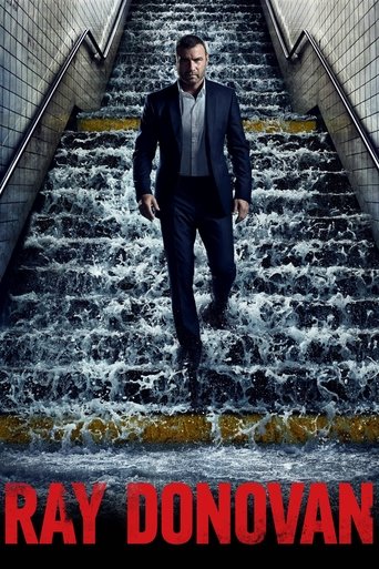 A man in a dark suit walks down a cascading, gray stone staircase, evoking a sense of mystery and tension. The red text at the bottom reads "RAY DONOVAN," anchoring the image with a stark, dramatic color scheme that contrasts the cool tones of the environment with the intense red.