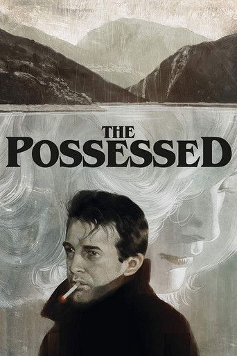 The poster features a man in a dark coat against a misty, mountainous backdrop. The title "THE POSSESSED" is prominently displayed in bold, white letters. The mood is eerie and mysterious, evoking a sense of supernatural mystery.