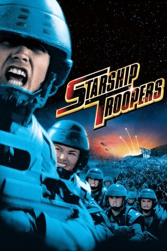 The poster features a group of soldiers in futuristic armor, with one soldier in the foreground shouting. The scene is set against a starry night sky, evoking a sense of danger and urgency. The cool blue tones dominate the image, creating a tense atmosphere that hints at the harsh realities of war.