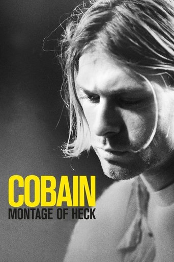 The poster features a close-up of a man with long hair, his expression intense and serious. The bold yellow text "COBAIN" stands out against the monochrome background, emphasizing the film's gritty and dramatic tone.