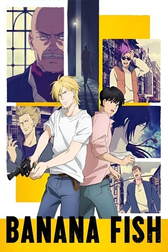 The poster features a dynamic collage of characters in vibrant colors against a yellow background. The mood is energetic and adventurous, with expressions ranging from serious to playful. The bold text "BANANA FISH" anchors the composition, emphasizing the show's lively and engaging tone.