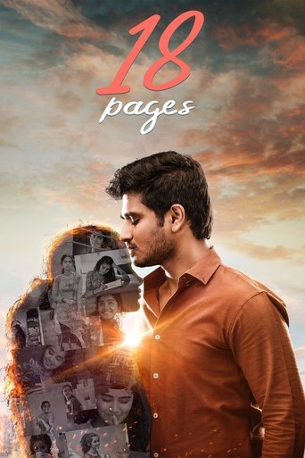 The poster features a man in a brown shirt against a dramatic sunset sky, with a silhouette of another person behind him. The title "18 pages" is prominently displayed in red and white. The overall mood is intense and dramatic, suggesting a thriller or drama.