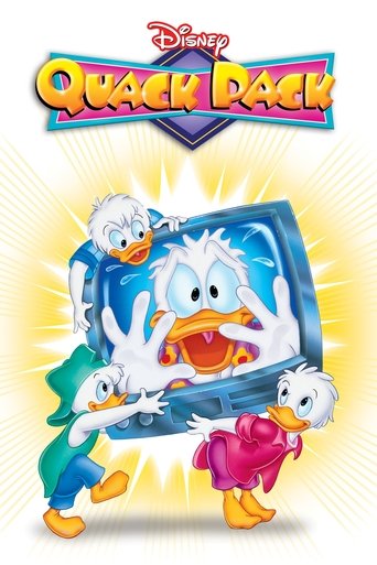 The Disney Quack Pack poster features Donald Duck, Daisy Duck, and Tweety Bird in a dynamic pose against a radiant yellow background. The characters are dressed in colorful outfits, with Tweety in pink and Daisy in blue, creating a lively and cheerful atmosphere. The bright colors and energetic c...