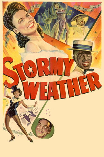 This vintage movie poster for "Stormy Weather" features a glamorous woman in a white dress, a man in a hat, and a woman dancing. The colors are warm and vibrant, with a yellow background and red text. The mood is lively and nostalgic, capturing the essence of a classic film from the early 20th ce...