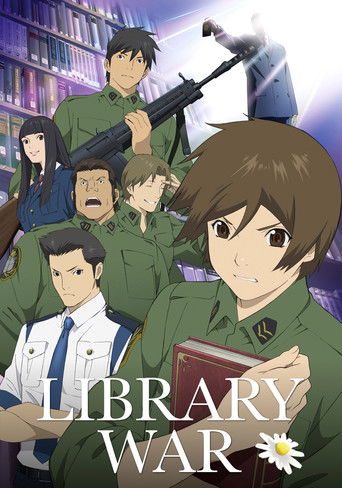 The poster features a group of young anime characters in green uniforms, with one prominent boy holding a book and another wielding a rifle. The background includes shelves of books and a dramatic purple sky, creating a mysterious atmosphere. The title "Library War" is prominently displayed in bo...