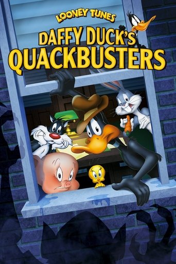 The poster features Daffy Duck, Daisy Duck, and other characters peeking out from a window against a spooky, dark blue background. The vibrant colors of the characters contrast with the ominous, eerie atmosphere.