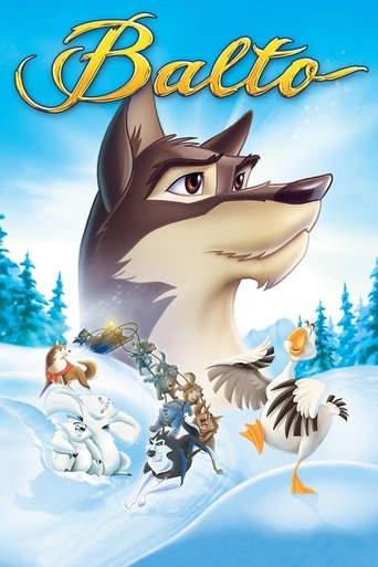 This movie poster features Balto, a majestic wolf with a determined expression, leading a group of friends in a snowy adventure. The vibrant colors of blue and white create a crisp, wintry atmosphere, while the playful characters add a sense of camaraderie and excitement.