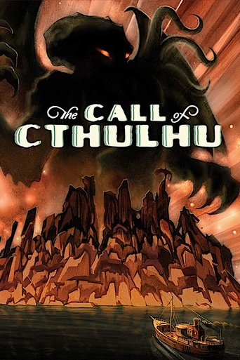 The poster depicts a dark, ominous scene with towering, jagged rock formations rising from the water. A small boat floats peacefully in the foreground, contrasting with the eerie, swirling clouds above. The title "The Call of Cthulhu" is prominently displayed in bold, white letters against a fier...