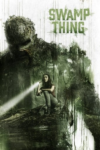 The poster features a mysterious, moss-covered figure looming over a lone figure holding a flashlight, casting a beam of light through the dark, swampy forest. The eerie, greenish tones and shadowy atmosphere create a suspenseful mood, hinting at the supernatural horror of the show.