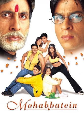 The poster features a dynamic group of actors in vibrant yellow and black outfits, exuding energy against a white background. The title "Mohabbatein" is elegantly written in red script at the bottom. The overall mood is lively and engaging, suggesting a fun and entertaining film.