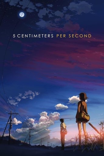 The poster features a young girl and boy standing against a vibrant purple sky, illuminated by a bright moon. The mood is dreamy and nostalgic, evoking a sense of wonder and childhood innocence. The title "5 Centimeters per Second" hints at a story about time and memory.