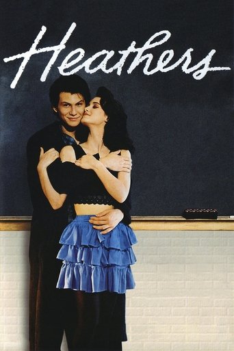 A dramatic poster featuring Heather and her boyfriend in a passionate embrace, with the title "Heathers" prominently displayed in bold, white script against a dark background.