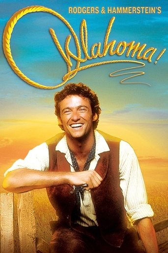 The poster features a smiling actor in a western outfit against a warm sunset backdrop. The title "Oklahoma!" is prominently displayed in bold, golden script. The overall mood is nostalgic and adventurous, capturing the essence of the film.