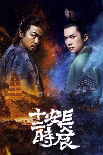 The poster features two ancient Chinese characters, "The Longest Day in Chang'an," set against a dramatic backdrop of fiery orange and deep blue hues. The characters exude a sense of historical drama and epic storytelling, with their intense gazes and traditional attire suggesting a powerful narr...