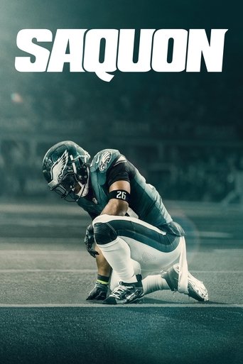 The poster features a football player in a crouched, intense pose against a dark, moody background. The bold white text "SAQUON" dominates the top, suggesting a gritty, dramatic sports drama.