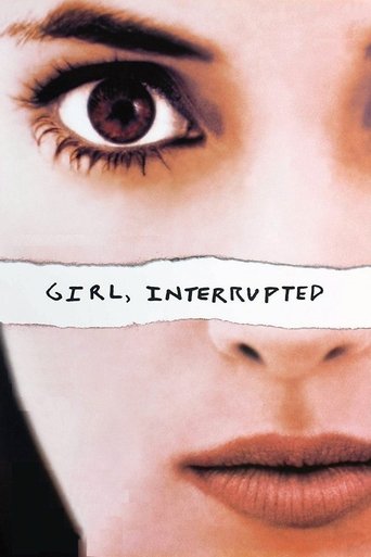 The poster features a close-up of a woman's face, with her eye prominently displayed and her lips slightly parted. The warm, earthy tones of her makeup and skin create a moody atmosphere. The title "Girl, Interrupted" is written in a simple, elegant font across her forehead, emphasizing the film'...