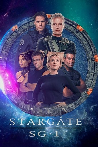 The poster features seven characters in a cosmic, sci-fi setting. The characters are arranged around a central circular portal with glowing blue and purple hues. The mood is mysterious and adventurous, hinting at a thrilling space exploration story.