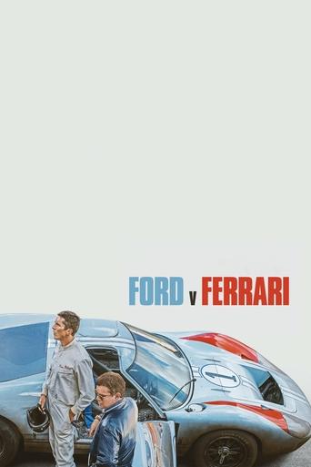 This movie poster features a man in a white jumpsuit and a young boy in a blue jacket standing beside a sleek, silver sports car with red accents. The bold, colorful text "FORD v FERRARI" dominates the center, evoking a sense of adventure and speed. The overall mood is dynamic and exciting, captu...