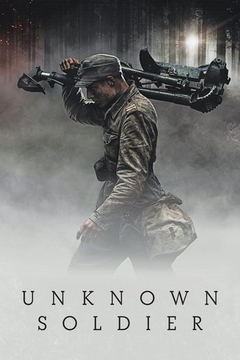 The poster features a determined soldier in a rugged, earthy-toned uniform carrying a large rifle over his shoulder, set against a moody, misty backdrop with a distant city skyline. The muted colors and dramatic lighting evoke a sense of tension and historical drama, capturing the gritty spirit o...