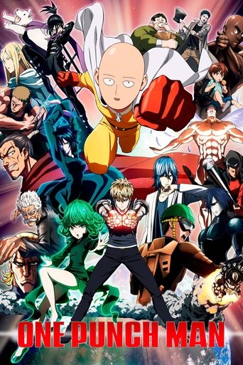 A vibrant collage of One-Punch Man characters fills the frame, each with unique colors and dynamic poses. The energetic, colorful background and central action create a lively and exciting atmosphere, capturing the essence of the series' action-packed narrative.