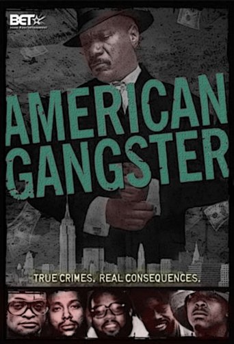 The poster features a gritty, sepia-toned image of a man in a hat, surrounded by silhouettes of other characters. The bold green text "AMERICAN GANGSTER" dominates the center, evoking a noir atmosphere. At the bottom, a lineup of diverse faces suggests a complex narrative. The overall mood is dar...
